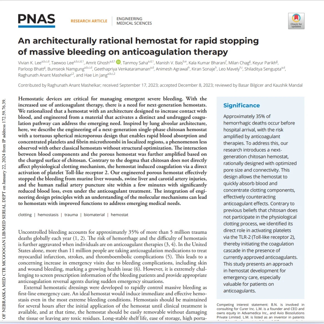 Architecturally Engineered Chitosan Hemostat for Rapid Bleeding Control on Anticoagulant Therapy publication