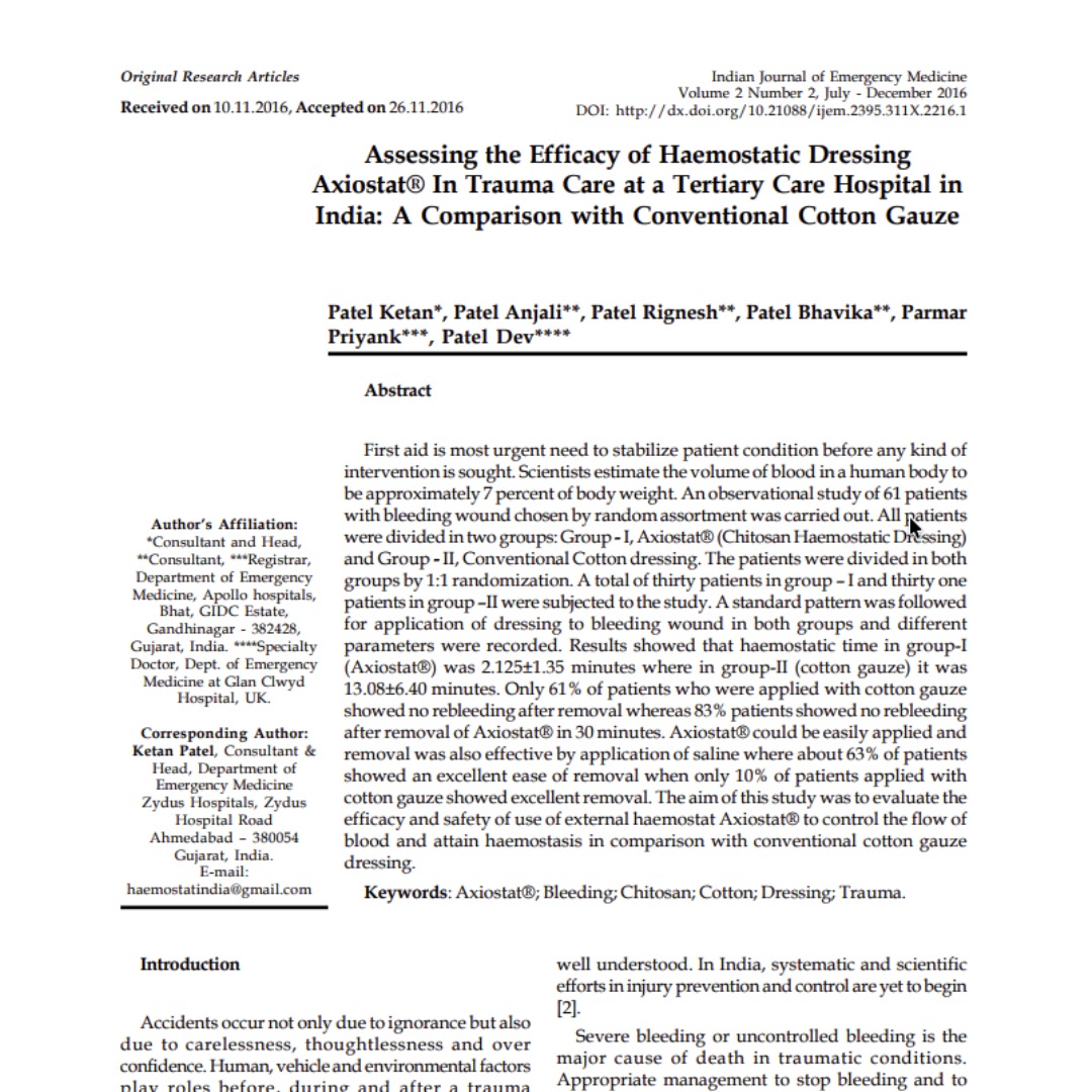 Assessing the efficacy of haemostatic dressing Axiostat in trauma care at a tertiary care hospital in India publication