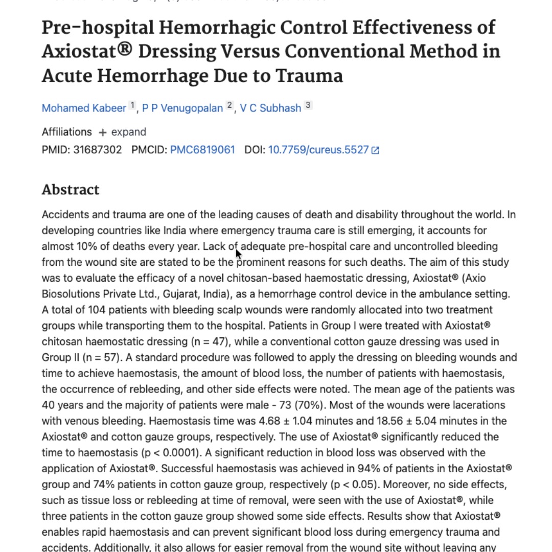 Assessing the efficacy of haemostatic dressing Axiostat in trauma care at a tertiary care hospital in India publication