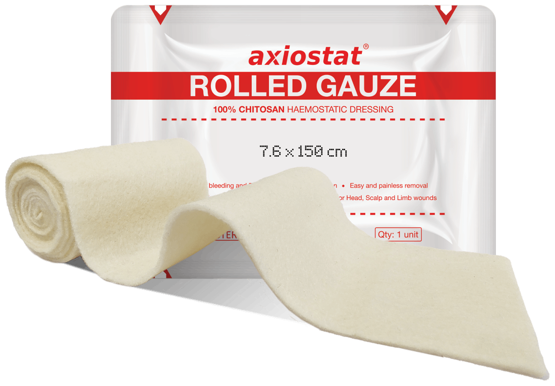 Axiostat 100% Chitosan Rolled Gauze designed for effective hemostasis in emergency care